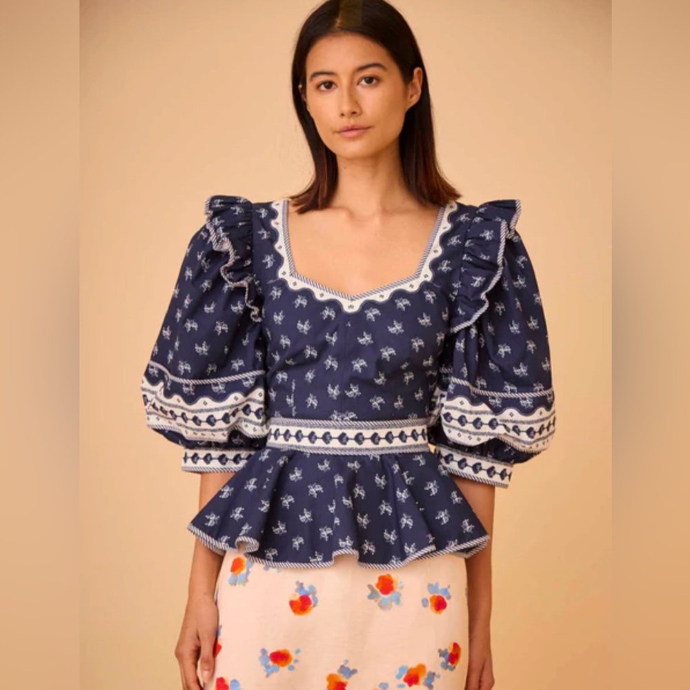 HUNTER BELL Navy Blue Puff Sleeve Peplum Blouse with White Trim